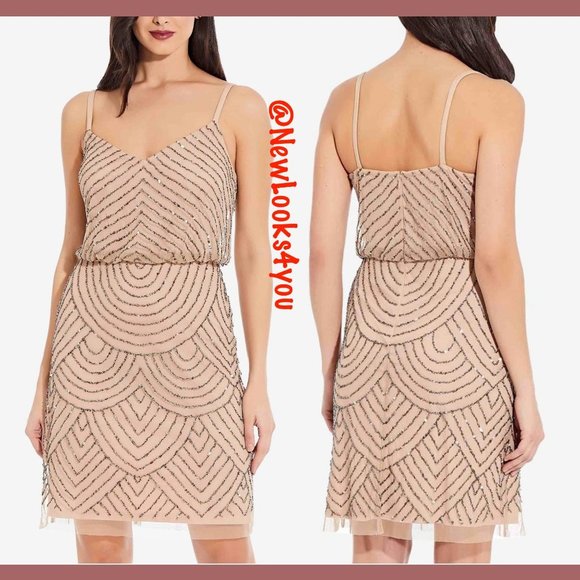 NEW Adrianna‎ Papell Beaded Mesh Blouson Dress in Taupe Pink [ 0 4 6 10 12 14 ] - Picture 8 of 16